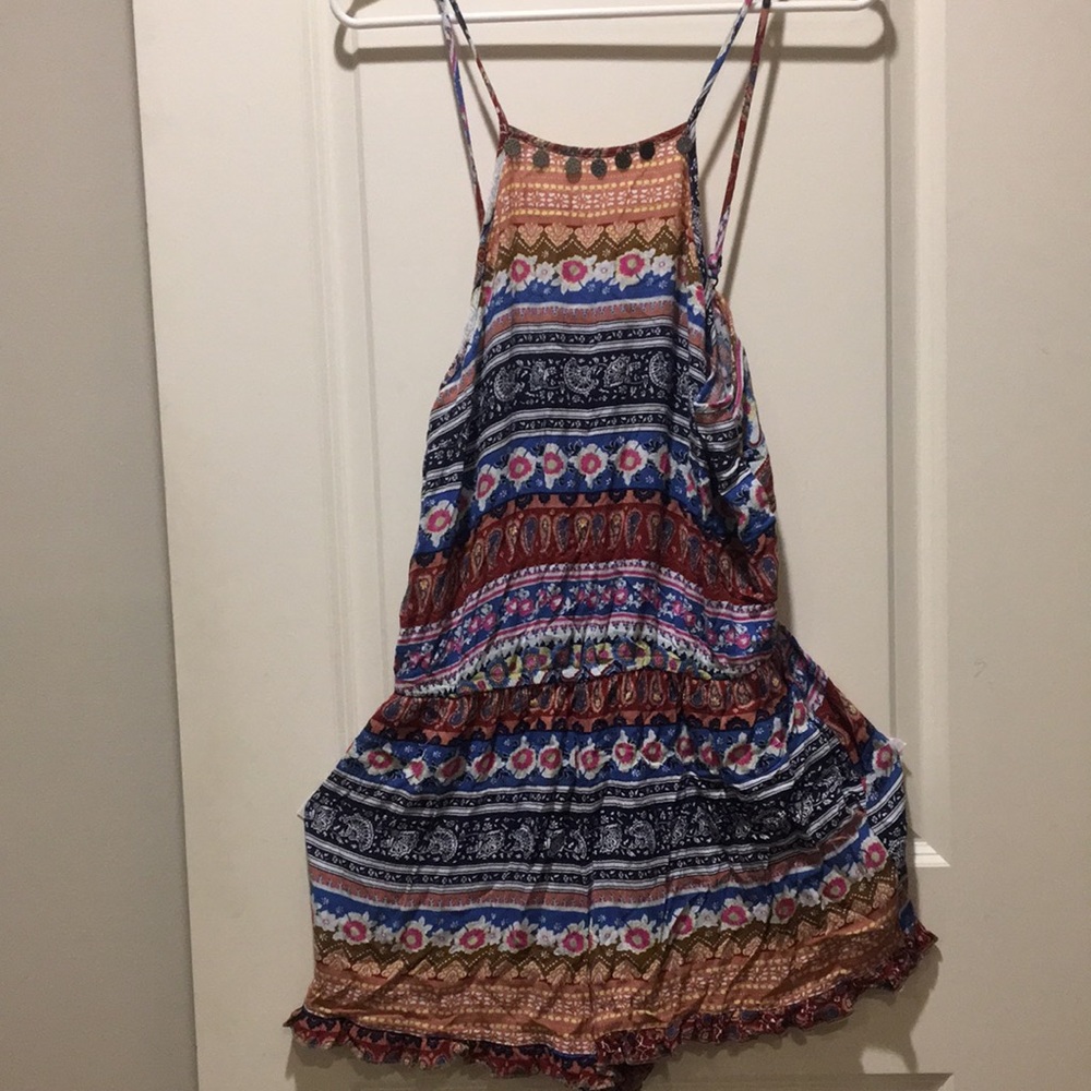 American Eagle Outfitters floral boho romper bejewel/adjust straps/low back L